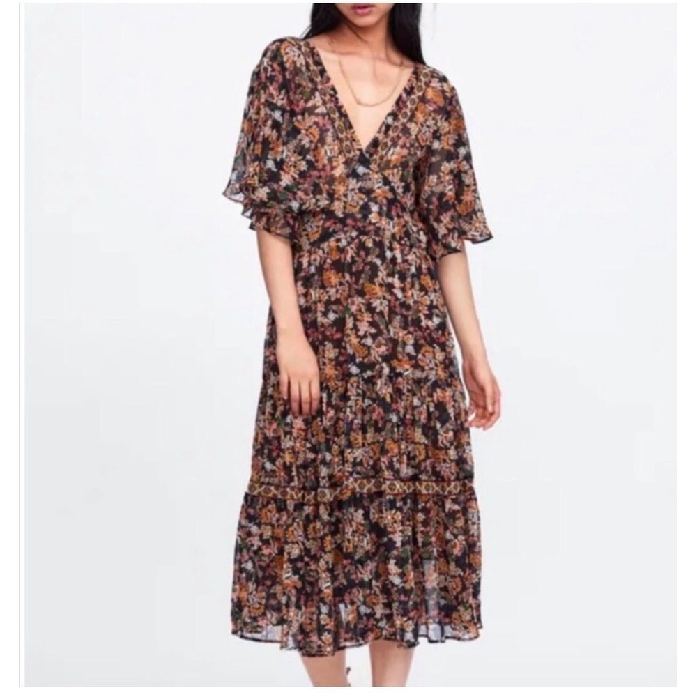 Zara Floral Boho Midi/ Maxi Dress – V-Neck, Flutter Sleeve, Side Cutout